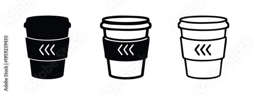 Disposable coffee cup with sleeve and inward-pointing arrows icon set for cafes or hot drink menus.