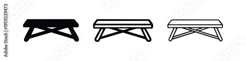 Portable folding camping stool icon set showing solid, outline with fill, and outline styles, vector