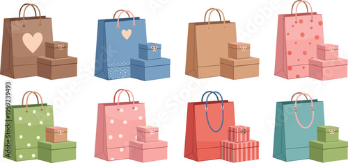Set of 9 Gift Bag and Box Illustrations with Various Patterns and Colors for Holiday, Birthday, and Gift-Wrapping Designs