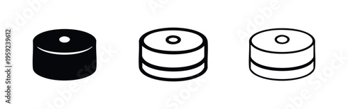 Short battery or can icon set. Energy source or container symbol in solid, outline, and line style.