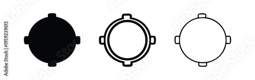 Round pot or manhole cover icon set. Circle with side handles or bolts symbol in solid, outline, and line style.