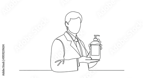 Man in suit presenting hand sanitizer bottle, hygiene concept, clean hands, health protection