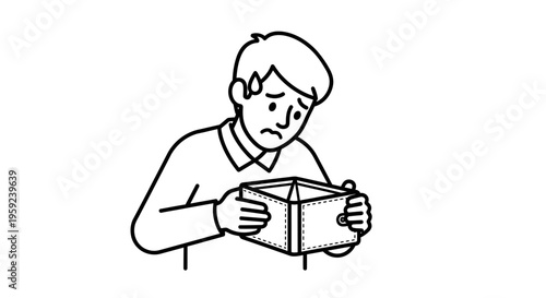Man looking into empty wallet, financial stress, bankruptcy, no money concept