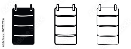 Hanging closet organizer icon set. Wardrobe storage solution symbol with multiple shelves for home organization.