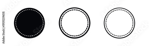 Stitched circle label icon set. Embroidery round badge symbol with dashed lines for craft and design elements.