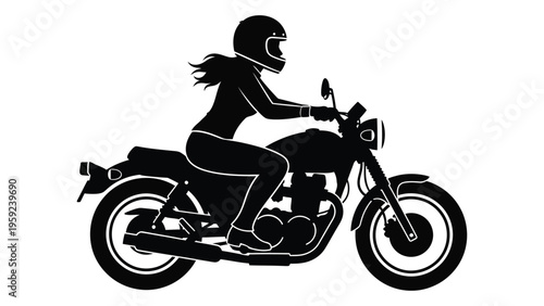 Woman riding motorcycle in black silhouette against white background