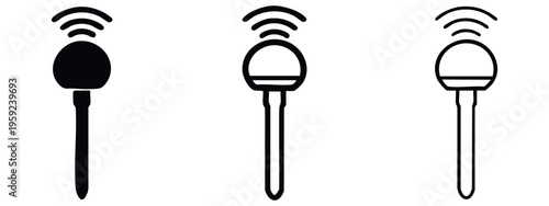 Wireless microphone icon set. Audio recording device symbol with signal waves for podcast and broadcasting.