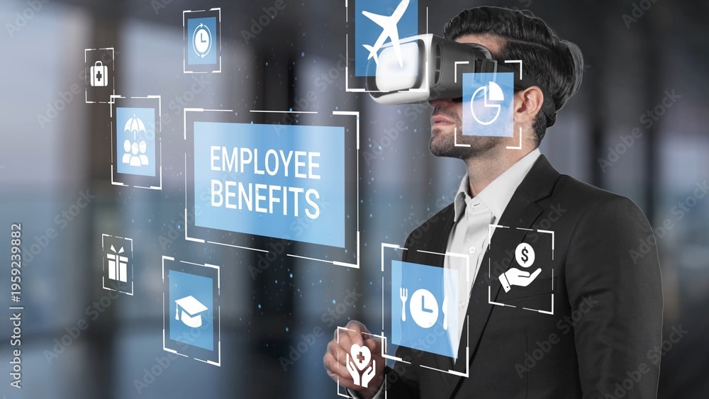 Obraz premium Business Professional Using Virtual Reality Technology to Explore Employee Benefits and Enhance Workplace Engagement for Future Growth Opportunities Gluon.