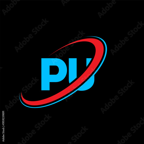 PU P U letter logo design. Initial letter PU linked circle uppercase monogram logo red and blue. PU logo, P U design. pu, p u