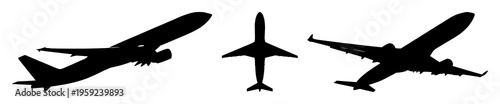 Airplane set with silhouette of a plane taking off at dawn featuring departure, flight, aviation with sky and runway and horizon