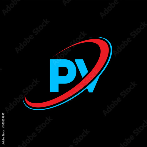 PV P V letter logo design. Initial letter PV linked circle uppercase monogram logo red and blue. PV logo, P V design. pv, p v