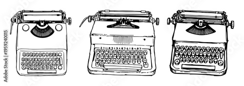 Typewriter set with sketchbook style drawing featuring mechanical textures, black ink pen, isolation with white and background