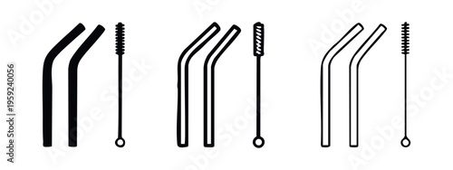 Reusable Metal Drinking Straws with Cleaning Brush Icon Set. Eco-Friendly Beverage Accessories Vector.