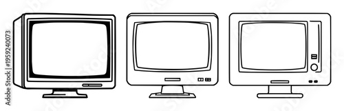 Geometric vector icon of a classic 1980s computer monitor, retro tech, consistent stroke width, white background. set with simple line art design featuring line art, illustrations, graphic resource...