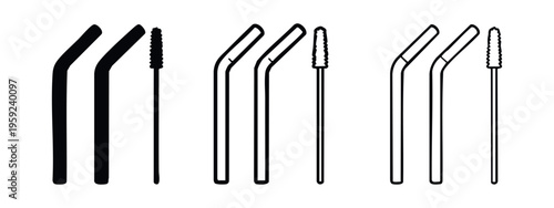 Reusable Bent Metal Drinking Straws and Brush Icon Set. Eco-Conscious Beverage Accessories Vector.