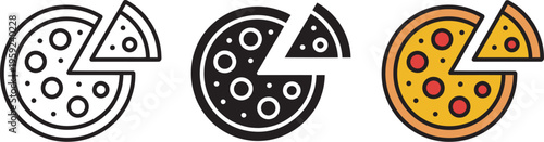 Pizza icon, pepperoni slice symbol, Italian pizza vector illustration, fast food sign, cheese tomato circle, pizzeria logo, meal concept pictogram