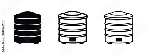 Food steamer icon set. Multi-tiered cooking appliance symbol. Kitchenware vector graphics on white background.