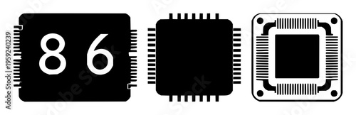 Chipset processor set with a single black silhouette of a CPU chip featuring electronics, circuits, technology with vector illustration and graphic design