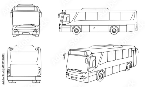 Collection of bus outlines from multiple viewpoints, showcasing front, back, and side profiles for design and schematic reference