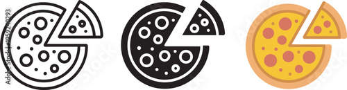 Pizza icon, pepperoni slice symbol, Italian salami pizza vector, fast food sign, cheese tomato circle, pizzeria logo, meal concept illustration