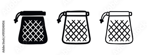 Drawstring mesh pouch icons set, ideal for showcasing reusable, sustainable, and eco-friendly packaging.