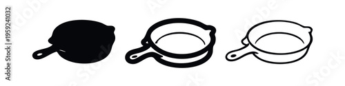 Frying pan top view icon set. Cooking utensil symbol in diverse styles.