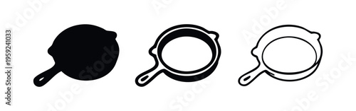 Frying pan top view icon set. Skillet for cooking symbol in various styles.