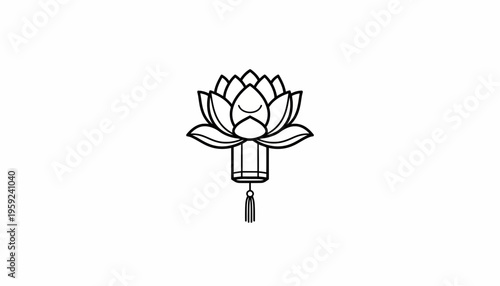 Lotus Flower Lantern Icon, Oriental Asian Style, Black and White Line Art