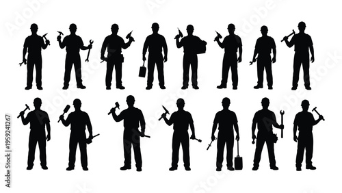 Silhouettes of construction workers with various tools