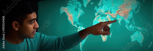 Young asian male pointing at asia region on illuminated worldmap in dim room focused research presentation travel