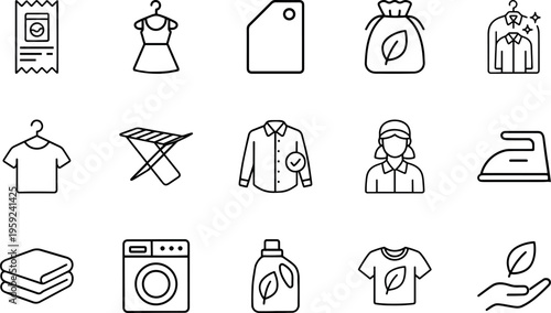 Laundry dry cleaning line icon set washing machine iron clothing detergent
