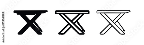 Portable camping stool icon set featuring X-shaped legs in solid, thick line, and thin line designs, isolated on white.