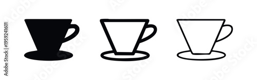 Coffee Filter Icon Set. Pour-over brewing symbols in solid, outlined, and line art styles for cafe or beverage design.