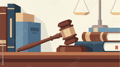 Law books, judge gavel, scales of justice, legal documents, courtroom, law library
