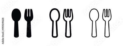 Spoon and Fork Icon Set. Cutlery symbols in solid, outlined, and line art styles for restaurant or kitchen design.