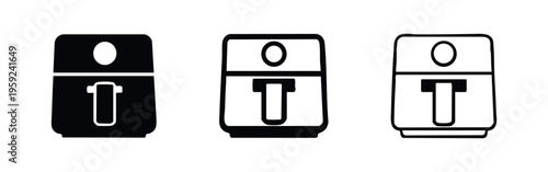 Air Fryer Icon Set. Modern kitchen appliance symbols in solid, outlined, and line art styles for cooking healthy food.