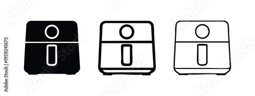 Air fryer icon set in three different styles for cooking and kitchen appliances