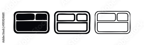 Lunch Box Icon Set. Meal prep or food container symbols in solid, outlined, and line art styles with compartments.