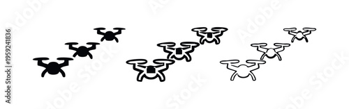 Drone fleet icons in multiple styles for technology, delivery, and aerial surveillance concepts.
