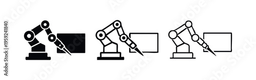 Industrial robot arm icons pointing towards a screen in different design variations.