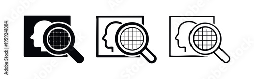Identity Verification and Face Recognition Icon Set with Magnifying Glass Over Head
