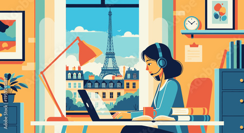 Illustration of a woman working on a laptop in a colorful office with Eiffel Tower view through window.