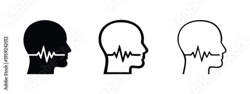Human head profile with heartbeat or brain activity line icon set. Mental health, intelligence, and neurology concept.