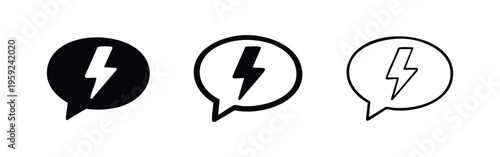 Speech bubble with lightning bolt icon set. Idea, notification, quick message, or energy symbol.