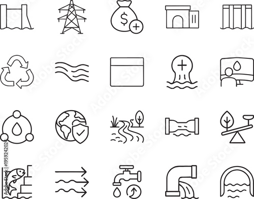 Environment water energy sustainability line icon set dam pylon recycle faucet