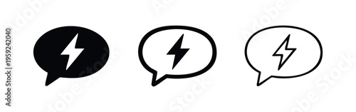 Lightning bolt in speech bubble icon set. Energy, idea, or alert message vector symbol.