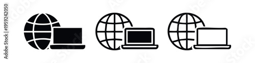 Worldwide internet connectivity and digital technology icon set. Globe and laptop computer symbols.