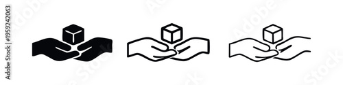 Hands holding a 3D cube icon set. Product, solution, development, or creative concept symbol.