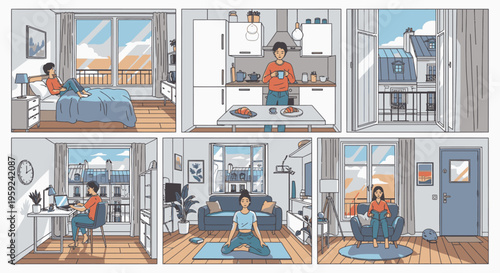 A collage of six illustrations depicting a woman engaging in various daily activities in a modern apartment with a city view.