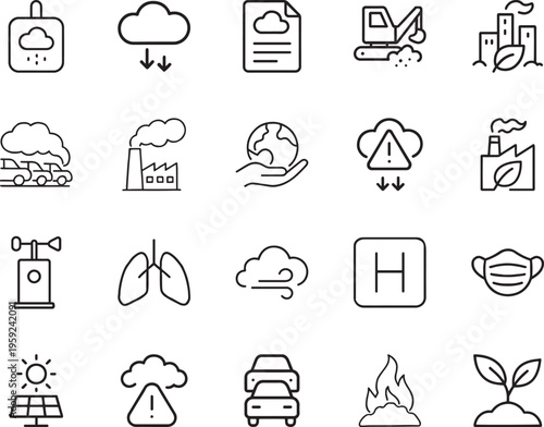 Environmental pollution health line vector icon set factory car lungs mask